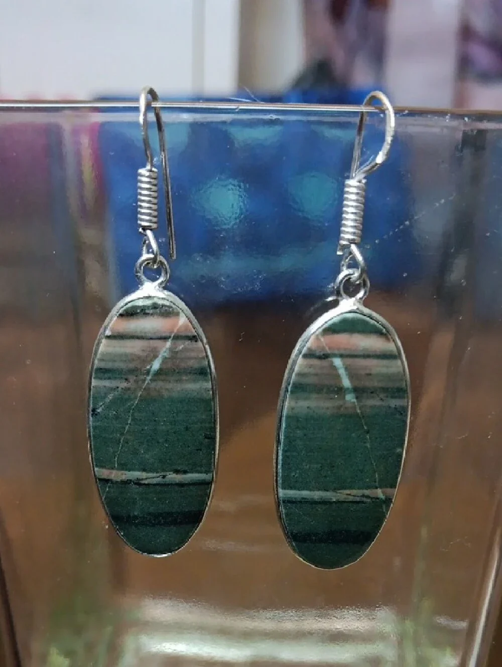Green Striped Oval Stone Drop Earrings - Women Jewelry